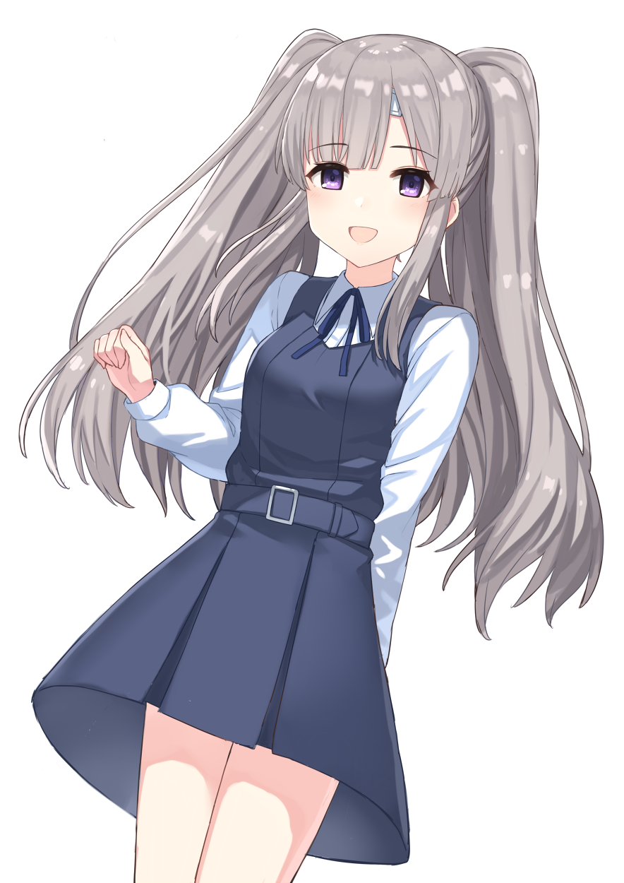 1girl :d bangs blue_dress blue_ribbon blush breasts collared_shirt commentary_request dress eyebrows_visible_through_hair hajime_kaname highres idolmaster idolmaster_shiny_colors long_hair long_sleeves looking_at_viewer medium_breasts neck_ribbon open_mouth pleated_dress ribbon school_uniform shirt silver_hair simple_background sleeveless sleeveless_dress smile solo twintails very_long_hair violet_eyes white_background white_shirt yuukoku_kiriko