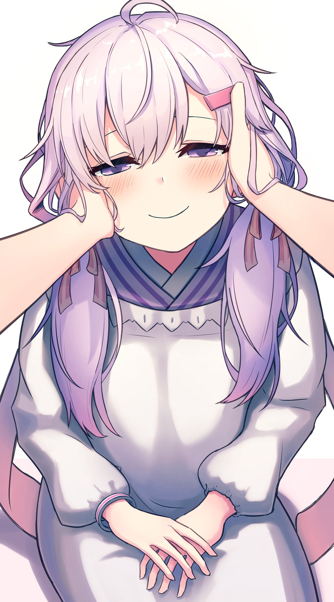 1girl amekaze_yukinatsu blush commentary_request hair_between_eyes hair_ornament hair_ribbon hairclip hands_on_another's_head highres long_sleeves low_twintails purple_hair ribbon short_hair_with_long_locks sitting smile tagme traditional_clothes twintails violet_eyes vocaloid voiceroid yuzuki_yukari