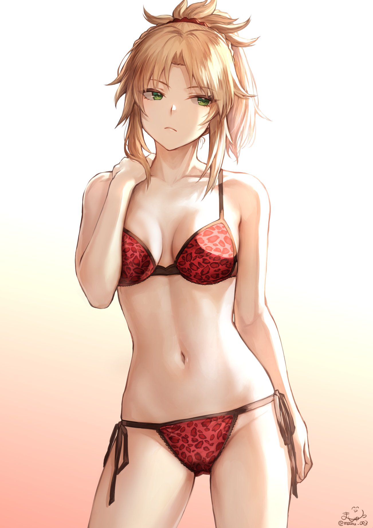 1girl animal_print bikini blonde_hair blush bra commentary_request fate/apocrypha fate_(series) green_eyes highres leopard_print lingerie long_hair looking_to_the_side mashu_003 mordred_(fate)_(all) mordred_(swimsuit_rider)_(fate) navel panties ponytail red_bikini red_bra red_panties side-tie_bikini side-tie_panties solo standing swimsuit underwear
