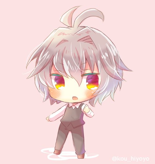 1boy :o antenna_hair bangs black_jacket black_pants blush brown_footwear brown_hair chibi collared_shirt commentary_request eyebrows_visible_through_hair fate/grand_order fate_(series) full_body hair_between_eyes jacket kouu_hiyoyo long_sleeves male_focus open_mouth pants pink_background red_eyes shirt sieg_(fate/apocrypha) sleeveless_jacket solo standing twitter_username white_shirt