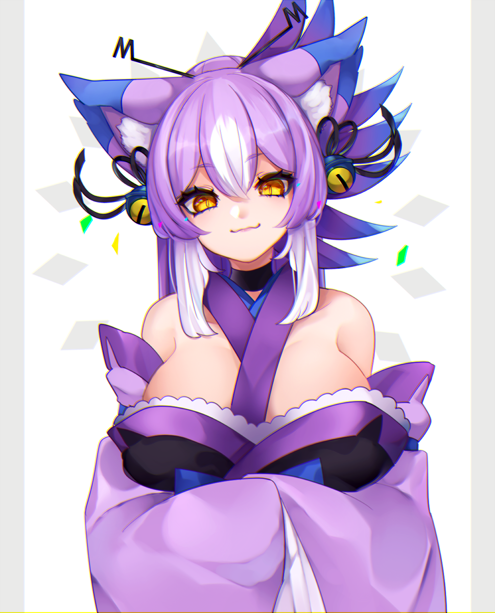 1girl :3 alternate_color bangs bare_shoulders bell black_choker breasts choker closed_mouth detached_sleeves eyebrows eyebrows_visible_through_hair eyelashes eyeshadow gen_4_pokemon gradient_hair hair_bell hair_between_eyes hair_ornament hair_stick highres hime_(ohime_pkg) jingle_bell large_breasts long_hair long_sleeves makeup multicolored_hair personification pokemon purple_hair purugly shiny_pokemon sidelocks solo two-tone_hair upper_body white_hair yellow_eyes