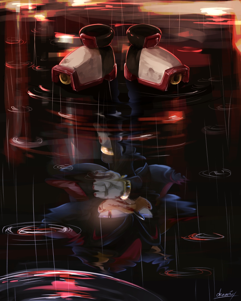 1boy blood blood_on_face full_body furry gloves night outdoors puddle rain red_eyes reflection ripples shadow_the_hedgehog shoes_removed signature solo sonic_the_hedgehog standing tondamanuke upside-down water