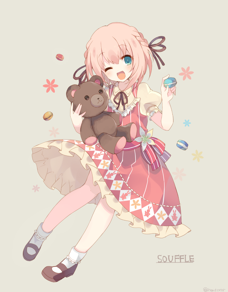 1girl aqua_eyes bow dress floral_background gothic_wa_mahou_otome hair_bow holding holding_stuffed_animal looking_at_viewer one_eye_closed open_mouth red_bow red_dress rento_(rukeai) smile smole solo souffle_(gothic_wa_mahou_otome) striped stuffed_animal stuffed_toy teddy_bear vertical_stripes