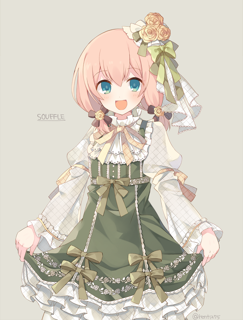 1girl aqua_eyes bow brown_bow character_name dress flower gothic_wa_mahou_otome green_bow green_dress looking_at_viewer open_mouth pink_hair rento_(rukeai) rose short_hair smile solo souffle_(gothic_wa_mahou_otome)