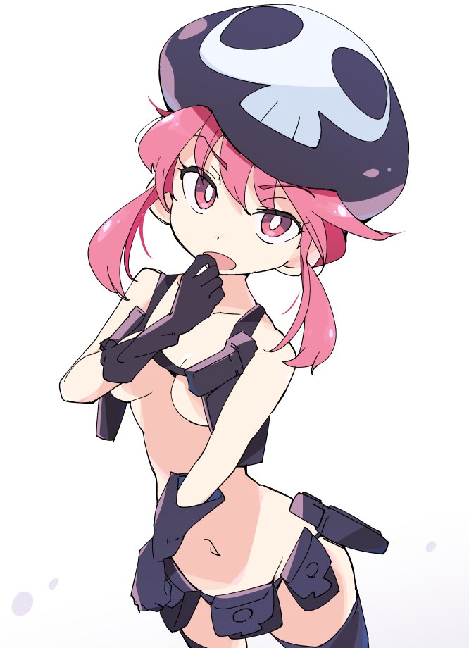 1girl belt hat holster ixy jakuzure_nonon kill_la_kill nudist_beach_uniform pink_eyes pink_hair shako_cap shoulder_holster skull_print symphony_regalia utility_belt winged_hat