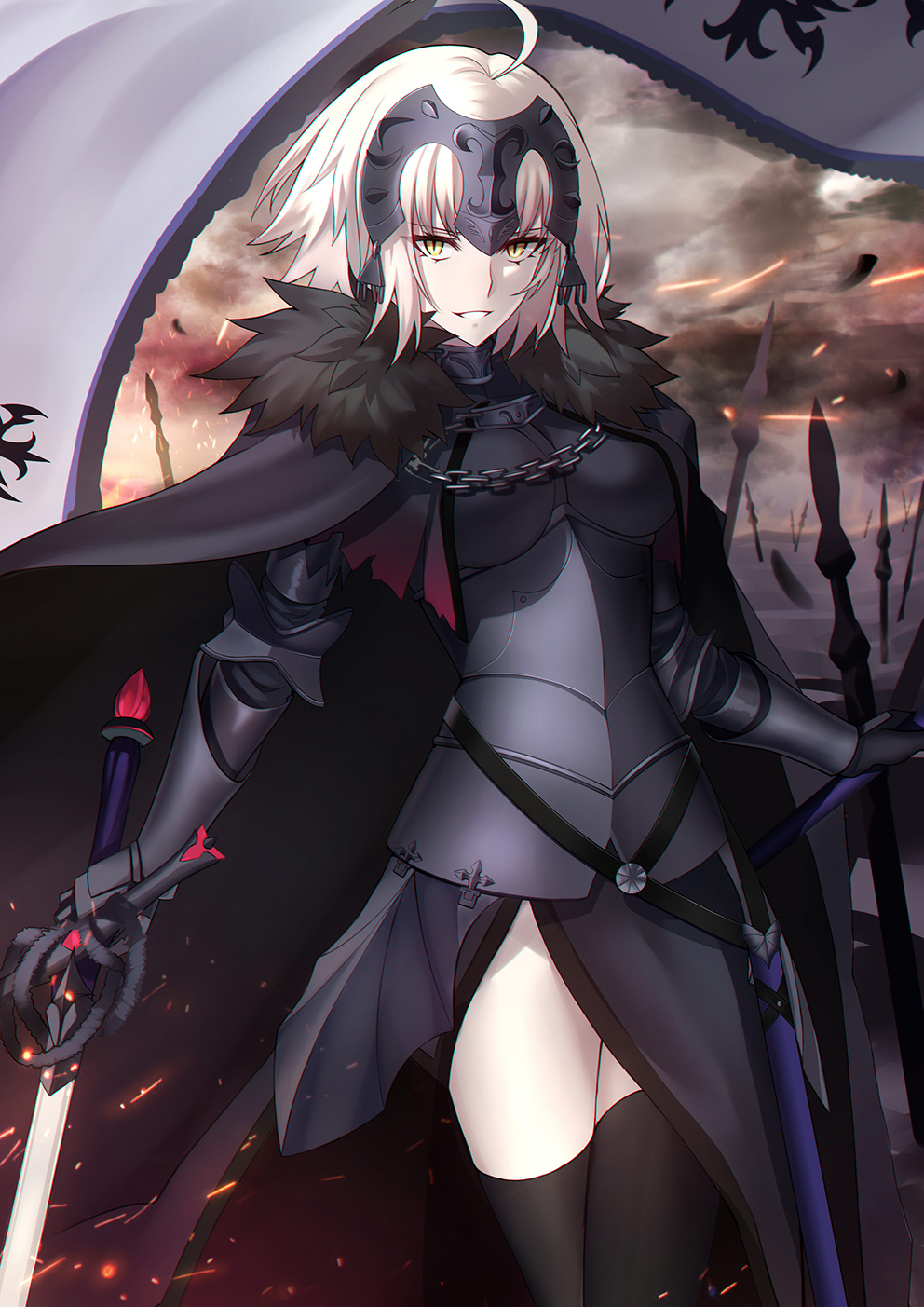 1girl armor armored_dress black_cape black_dress black_legwear breasts cape chains dress eyebrows_visible_through_hair fate/grand_order fate_(series) flag fur_trim gauntlets headpiece highres jeanne_d'arc_(alter)_(fate) jeanne_d'arc_(fate)_(all) medium_breasts pale_skin parted_lips shiguru short_hair silver_hair slit_pupils smile solo stake sword thigh-highs weapon yellow_eyes zettai_ryouiki