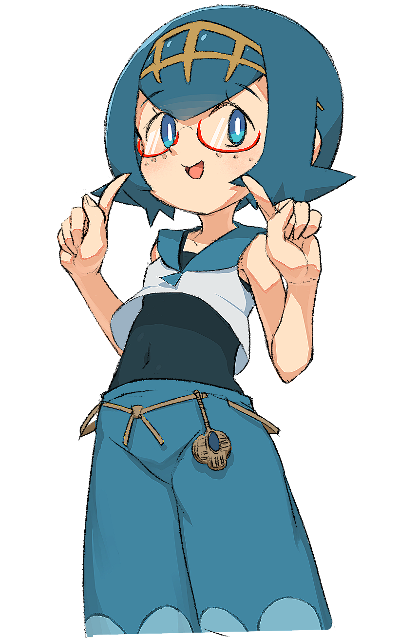 1girl :d bangs bare_arms bare_shoulders bespectacled black_swimsuit blue_eyes blue_hair blue_pants blue_sailor_collar breasts bright_pupils brown_hairband covered_navel crop_top eyebrows eyebrows_visible_through_hair glasses hairband hands_up highres index_finger_raised nyonn24 one-piece_swimsuit open_mouth pants pointing pointing_at_self pokemon pokemon_(game) pokemon_sm red-framed_eyewear sailor_collar semi-rimless_eyewear shirt short_hair simple_background sleeveless sleeveless_shirt small_breasts smile solo suiren_(pokemon) swimsuit swimsuit_under_clothes tareme tongue trial_captain under-rim_eyewear white_background white_pupils white_shirt