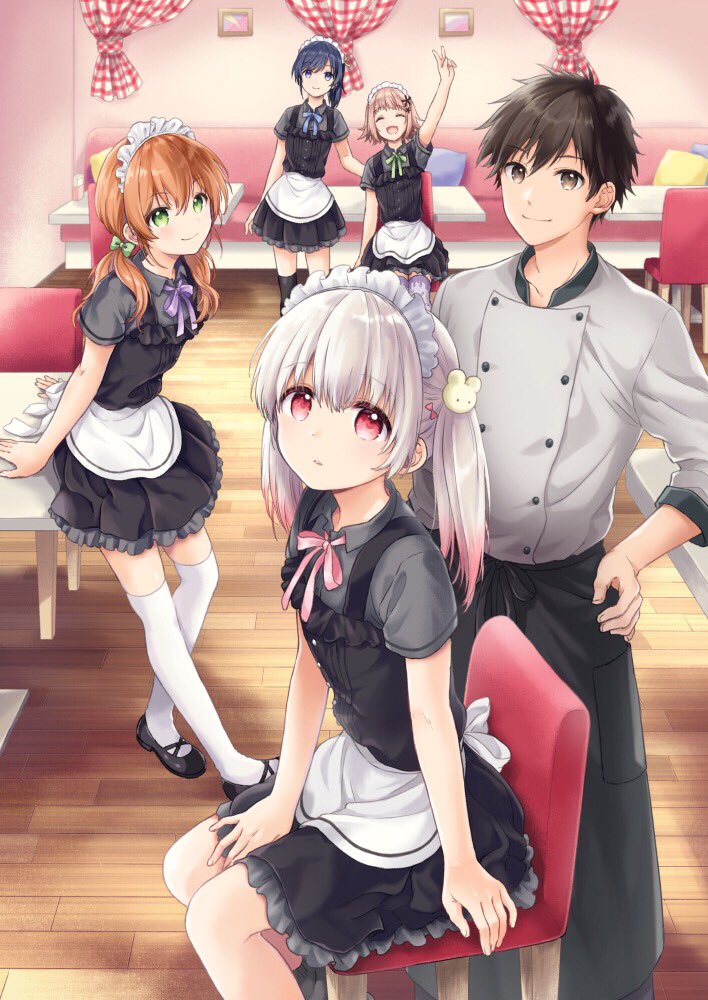 5boys :d ^_^ animal_hair_ornament apron arm_support arm_up black_dress black_footwear black_frills black_legwear blue_eyes blue_hair blue_neckwear blue_pillow blue_ribbon bow brown_hair cafe chair chef_uniform closed_eyes commentary_request curtains dress frilled_dress frills from_side fukakai_na_boku_no_subete_wo green_bow green_eyes green_neckwear green_ribbon grey_frills grey_shirt hair_bow hand_on_hip konayama_kata looking_at_viewer low_twintails maid_headdress mary_janes mei_(kimi_dake_no_ponytail) multiple_boys open_mouth otoko_no_ko parted_lips picture_frame pillow pinafore_dress pink_neckwear pink_ribbon platinum_blonde ponytail purple_neckwear purple_ribbon red_eyes ribbon shirt shoes short_sleeves sitting smile standing suzumi_sou thigh-highs twintails v waist_apron waitress white_legwear yellow_pillow