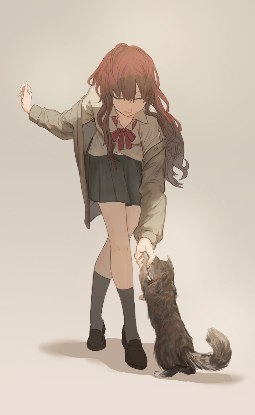 1girl ahoge bent_over black_skirt bow bowtie brown_hair cardigan cat closed_eyes commentary enden full_body highres holding_paw ichinose_shiki idolmaster idolmaster_cinderella_girls kneehighs loafers long_hair off_shoulder open_cardigan open_clothes pleated_skirt red_neckwear shirt shoes simple_background skirt solo wavy_hair white_shirt