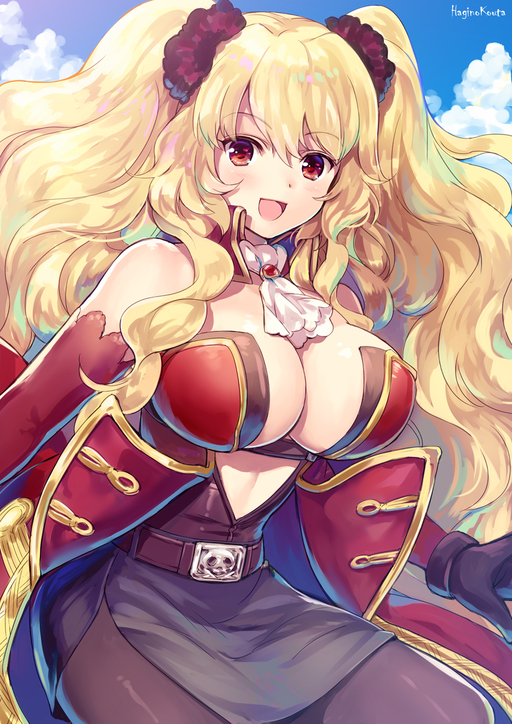 1girl :d anne_bonny_(fate/grand_order) artist_name bangs bare_shoulders belt belt_buckle black_skirt blonde_hair blue_sky blush breasts brown_legwear buckle cleavage clouds commentary_request day detached_sleeves eyebrows_visible_through_hair fate/grand_order fate_(series) hagino_kouta hair_between_eyes highres jacket large_breasts long_hair long_sleeves looking_at_viewer open_mouth outdoors pantyhose red_eyes red_jacket sidelocks skirt sky smile solo two_side_up very_long_hair