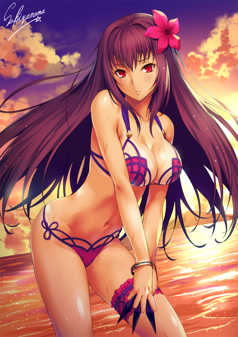 1girl artist_name backlighting bangle bangs bare_arms bare_shoulders between_fingers bikini bikini_tan blue_sky blush bracelet breasts cleavage closed_mouth clouds collarbone cowboy_shot dutch_angle embarrassed fate/grand_order fate_(series) flower from_side frown groin hair_flower hair_intakes hair_ornament hibiscus hill hips holding holding_weapon jewelry kunai large_breasts leaning_forward leg_garter legs_apart light_particles long_hair looking_at_viewer navel ocean outdoors pink_bikini pink_flower purple_hair raised_eyebrows red_eyes sakiyamama scathach_(fate/grand_order) scathach_(swimsuit_assassin)_(fate) shiny shiny_skin sidelocks signature sky solo standing star stomach string_bikini sunlight sunset swimsuit tan tanline v_arms very_long_hair water weapon wet