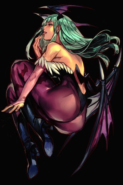 1girl animal_print ass backless_outfit bangs bat_print bat_wings black_background blunt_bangs boots bridal_gauntlets demon_girl facing_away female full_body green_hair hankuri head_wings high_heels leotard long_hair looking_away low_wings morrigan_aensland off_shoulder pantyhose print_legwear purple_legwear purple_pantyhose simple_background solo succubus tongue vampire_(game) wings