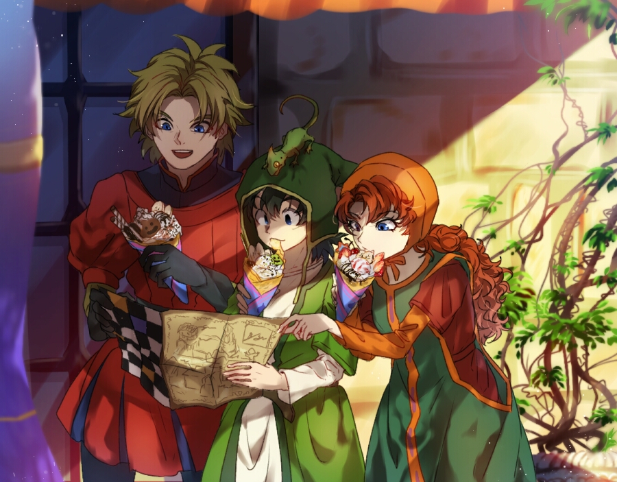 1girl 2boys black_gloves black_hair blonde_hair blue_eyes brown_hair chameleon closed_mouth commentary_request dragon_quest dragon_quest_vii dress eating food gloves haru_hikoya holding holding_food long_hair long_sleeves maribel_(dq7) multiple_boys open_mouth puffy_short_sleeves puffy_sleeves short_sleeves sunlight