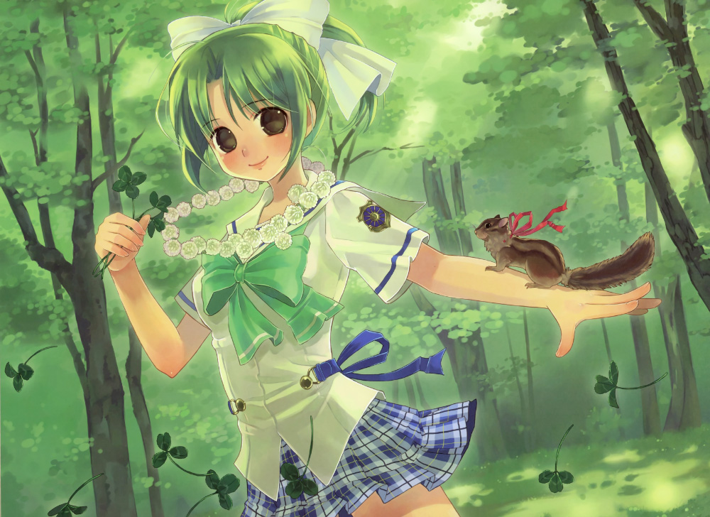 1girl blue_ribbon blue_skirt bow bowtie brown_eyes closed_mouth clover commentary_request forest green green_hair green_neckwear green_shirt hair_bow hand_up holding jewelry kuga_tsukasa looking_at_viewer nature necklace pleated_skirt ponytail red_ribbon ribbon shirt short_hair short_sleeves skirt smile solo squirrel standing yoake_mae_yori_ruri_iro_na