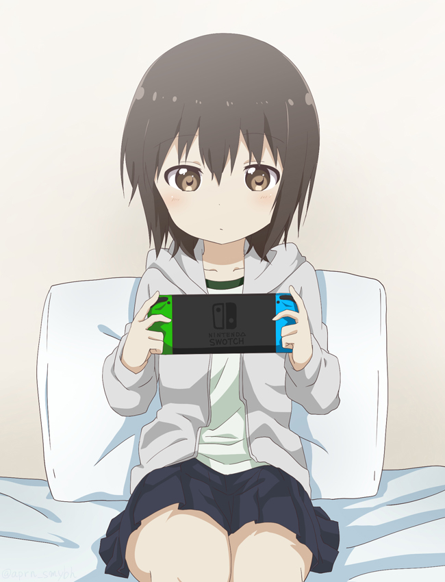 1girl funami_yui game_console grey_hair handheld_game_console joy-con nintendo nintendo_switch pillow playing_games ren_kon short_hair sitting yuru_yuri