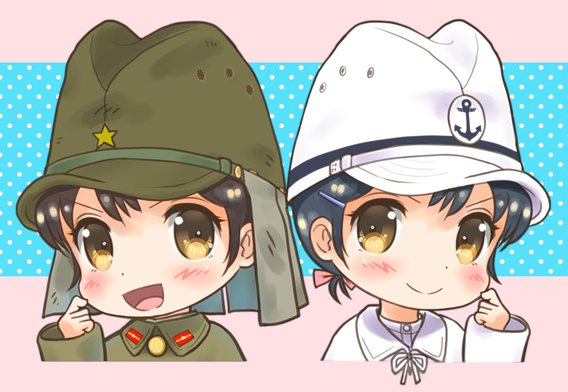 2girls black_hair blush bow brown_eyes chibi commentary hair_bow hair_ornament hairclip hand_on_own_cheek hand_up hat imperial_japanese_army imperial_japanese_navy looking_at_viewer m_tap military military_uniform multiple_girls naval_uniform open_mouth original polka_dot polka_dot_background portrait short_hair smile soldier uniform