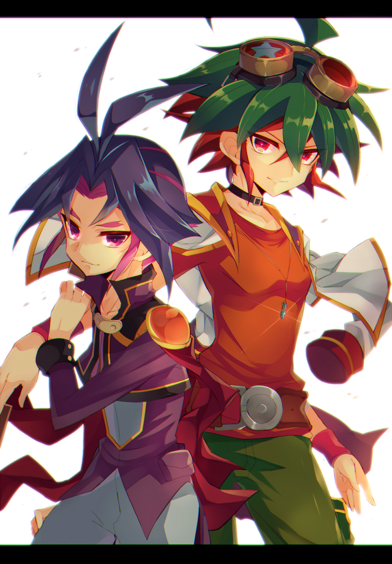 2boys ahoge antenna_hair card card_between_fingers choker goggles goggles_on_head green_hair green_pants holding holding_card jacket looking_at_viewer male_focus multicolored_hair multiple_boys pants purple_hair purple_jacket red_eyes red_shirt redhead rento_(rukeai) sakaki_yuuya shirt short_sleeves smile spiky_hair star violet_eyes yu-gi-oh! yuu-gi-ou_arc-v yuuri_(yuu-gi-ou_arc-v)