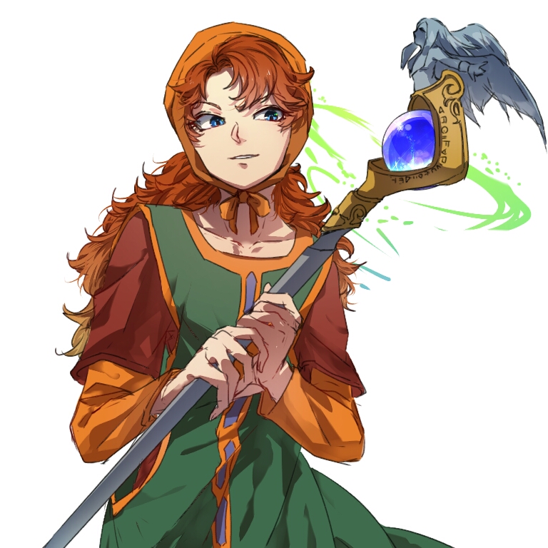 1girl bangs blue_eyes brown_hair dragon_quest dragon_quest_vii green_eyes haru_hikoya holding holding_staff long_hair long_sleeves parted_lips simple_background solo staff upper_body white_background