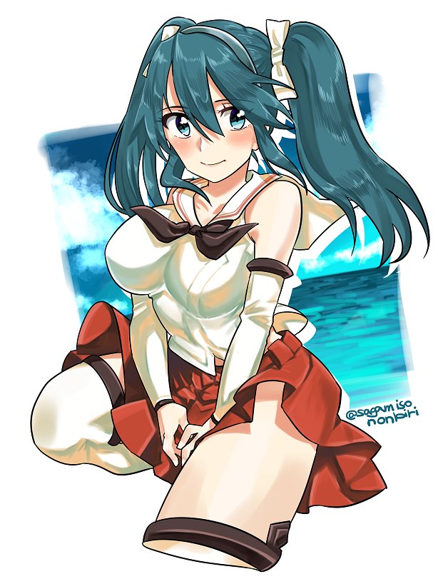 1girl aqua_eyes bare_shoulders between_legs black_neckwear blue_eyes blue_hair closed_mouth clouds commentary detached_sleeves eyebrows_visible_through_hair folded_leg hair_between_eyes hair_ribbon hairband hand_between_legs headband isuzu_(kantai_collection) japanese_clothes kantai_collection long_hair looking_at_viewer miko neckerchief ocean pleated_skirt red_skirt remodel_(kantai_collection) ribbon sagamiso sailor_collar school_uniform serafuku skirt sky smile solo twintails twitter_username water white_background white_legwear white_ribbon white_sailor_collar