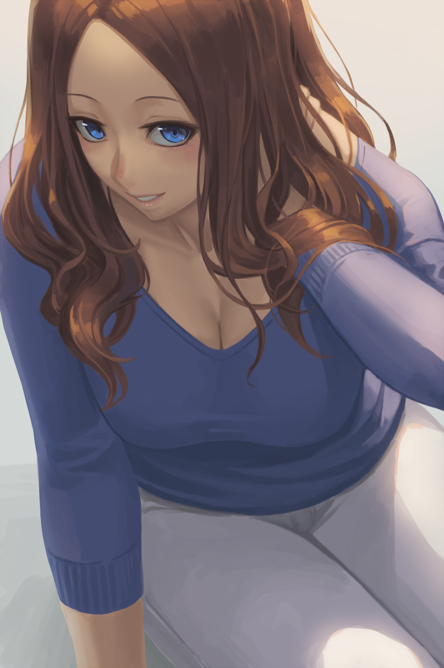 1girl arm_support blue_eyes blue_sweater breasts brown_hair casual cleavage collarbone fate/grand_order fate_(series) hand_on_own_shoulder highres large_breasts leaning_forward leonardo_da_vinci_(fate/grand_order) long_hair looking_at_viewer pants parted_lips ranma_(kamenrideroz) siting sitting smile solo sweater white_pants