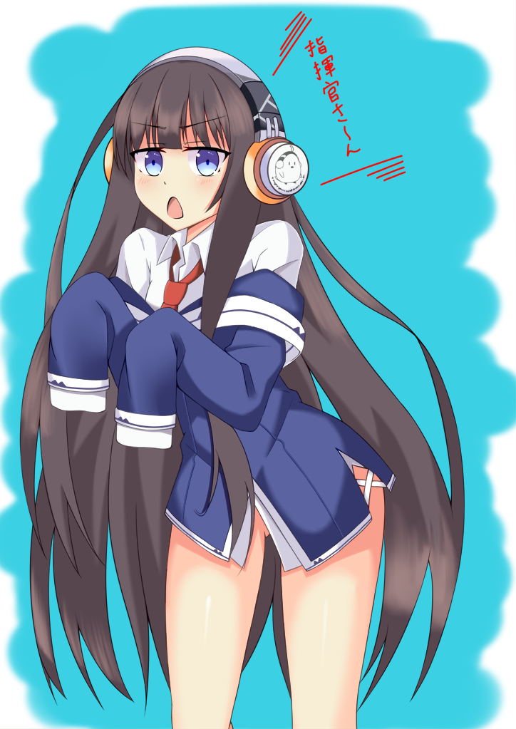 1girl ass_visible_through_thighs azur_lane bangs black_hair blue_eyes blunt_bangs blush bottomless eyebrows_visible_through_hair frown headphones iseshi9167 jacket long_hair long_island_(azur_lane) long_sleeves looking_at_viewer necktie off_shoulder open_mouth red_neckwear shirt sleeves_past_fingers solo very_long_hair