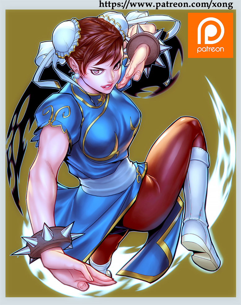 1girl blue_dress boots bracelet brown_eyes brown_hair brown_legwear bun_cover china_dress chinese_clothes chun-li double_bun dress earrings fighting_stance jewelry kicking muscle pantyhose pelvic_curtain puffy_short_sleeves puffy_sleeves sash short_sleeves side_slit spiked_bracelet spikes street_fighter thick_thighs thighs white_footwear xong