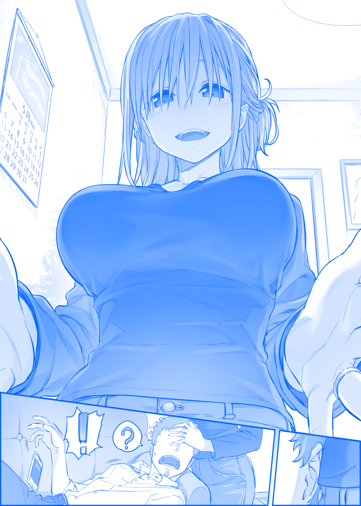 ! 1boy 1girl :d ? backlighting blue breasts calendar_(object) cellphone commentary_request faceless faceless_male foreshortening from_below getsuyoubi_no_tawawa glint hair_over_eyes himura_kiseki indoors jewelry large_breasts long_hair lying maegami-chan_(tawawa) monochrome on_back one_side_up open_mouth phone ring smartphone smile speech_bubble wedding_band