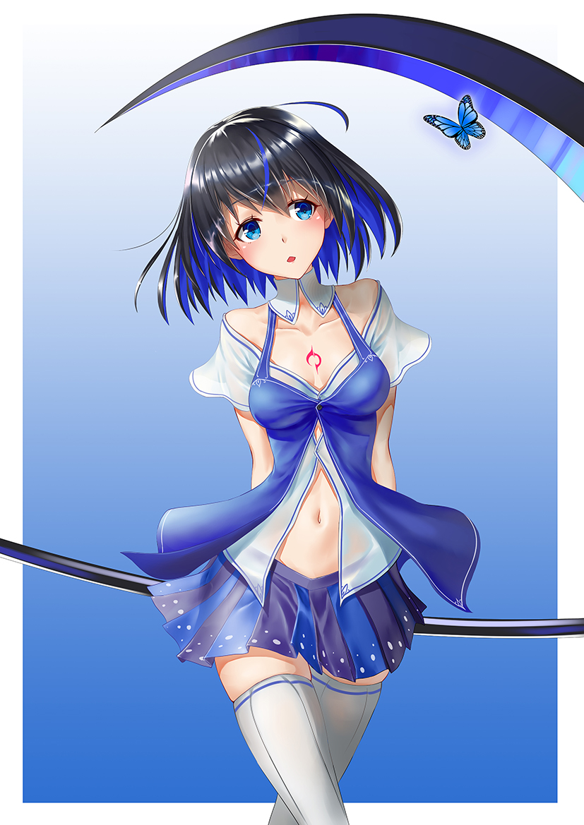 1girl bangs bare_shoulders benghuai_xueyuan black_hair blue_eyes blue_hair blue_skirt breasts bug butterfly collarbone gotointhepark hair_between_eyes holding holding_weapon honkai_impact insect looking_at_viewer medium_breasts miniskirt multicolored_hair navel pleated_skirt scythe seele_vollerei short_hair simple_background skindentation skirt solo standing thigh-highs thighs two-tone_hair weapon white_legwear zettai_ryouiki
