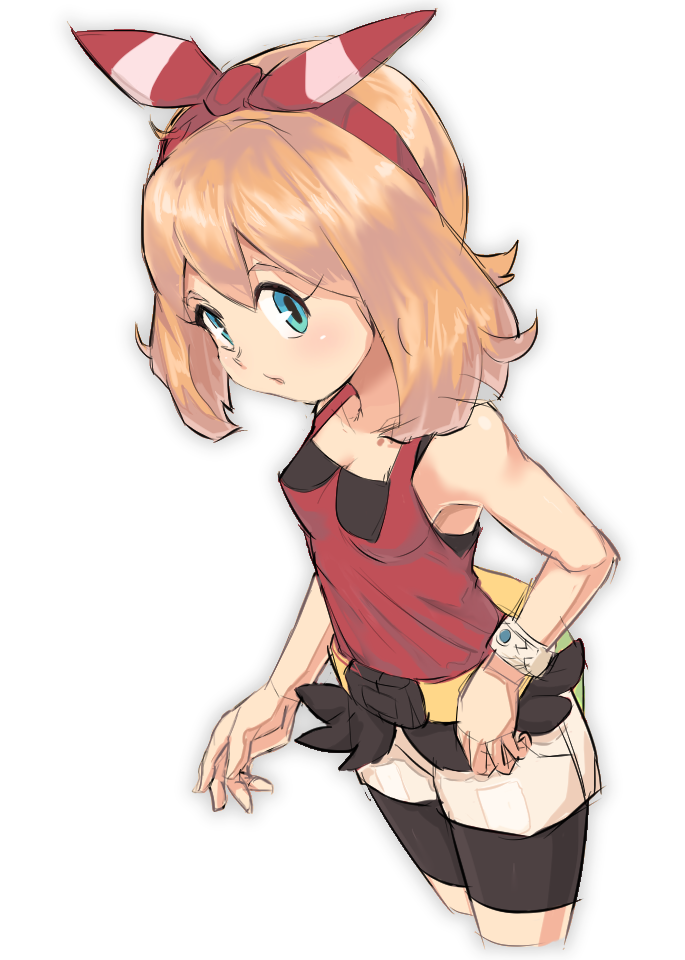1girl alternate_hair_color bangs bare_shoulders bike_shorts blonde_hair blue_eyes blush breasts cleavage collarbone cropped_legs eyebrows fanny_pack hair_between_eyes hairband haruka_(pokemon) long_hair nyonn24 open_mouth pokemon pokemon_(game) pokemon_oras red_hairband red_ribbon red_shirt ribbon shirt shorts shorts_under_skirt simple_background small_breasts solo tank_top white_background white_shorts