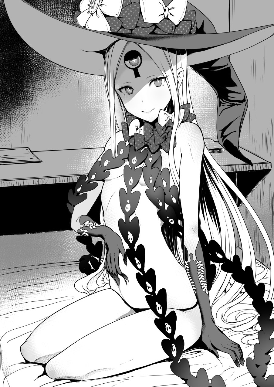1girl abigail_williams_(fate/grand_order) bare_shoulders bedroom breasts fate/grand_order fate_(series) gloves greyscale hat highres keyhole long_hair looking_at_viewer miyamoto_issa monochrome sitting smile solo topless very_long_hair