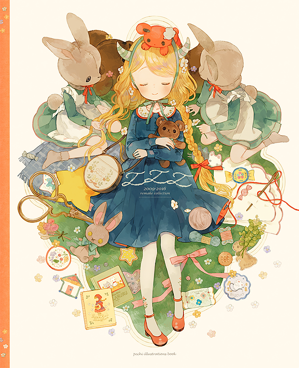 3girls ankle_strap bag blonde_hair blue_dress blush book bouquet braiding_hair bunny_head bunny_tail candy chin_strap closed_eyes commentary_request cover cover_page cracker demon_horns doujin_cover dress fake_horns flower food grey_legwear hair_flower hair_ornament hairdressing handbag headband high_heels holding holding_stuffed_animal horns long_sleeves lying maid multiple_girls needle no_shoes object_hug object_on_head on_back original pantyhose pechika pink_ribbon red_footwear ribbon scissors sleeping smile star striped_horns stuffed_animal stuffed_bunny stuffed_toy tail teddy_bear thread u_u white_flower white_legwear yarn yarn_ball yarn_bobbin zzz