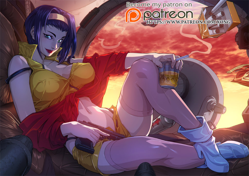 1girl alcohol beer boots breasts cigarette cigarette_box cleavage cockpit cowboy_bebop cup drinking_glass faye_valentine green_eyes gun hairband handgun high_heel_boots high_heels holding large_breasts purple_hair science_fiction shirt short_hair shorts sitting solo space_craft thigh-highs weapon xong yellow_shirt yellow_shorts