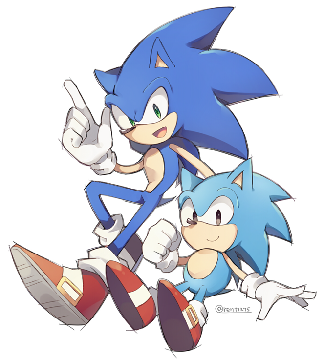 brown_eyes clenched_hand gloves green_eyes hedgehog looking_at_viewer multiple_persona red_footwear rento_(rukeai) sideways_mouth smile sonic sonic_the_hedgehog white_gloves