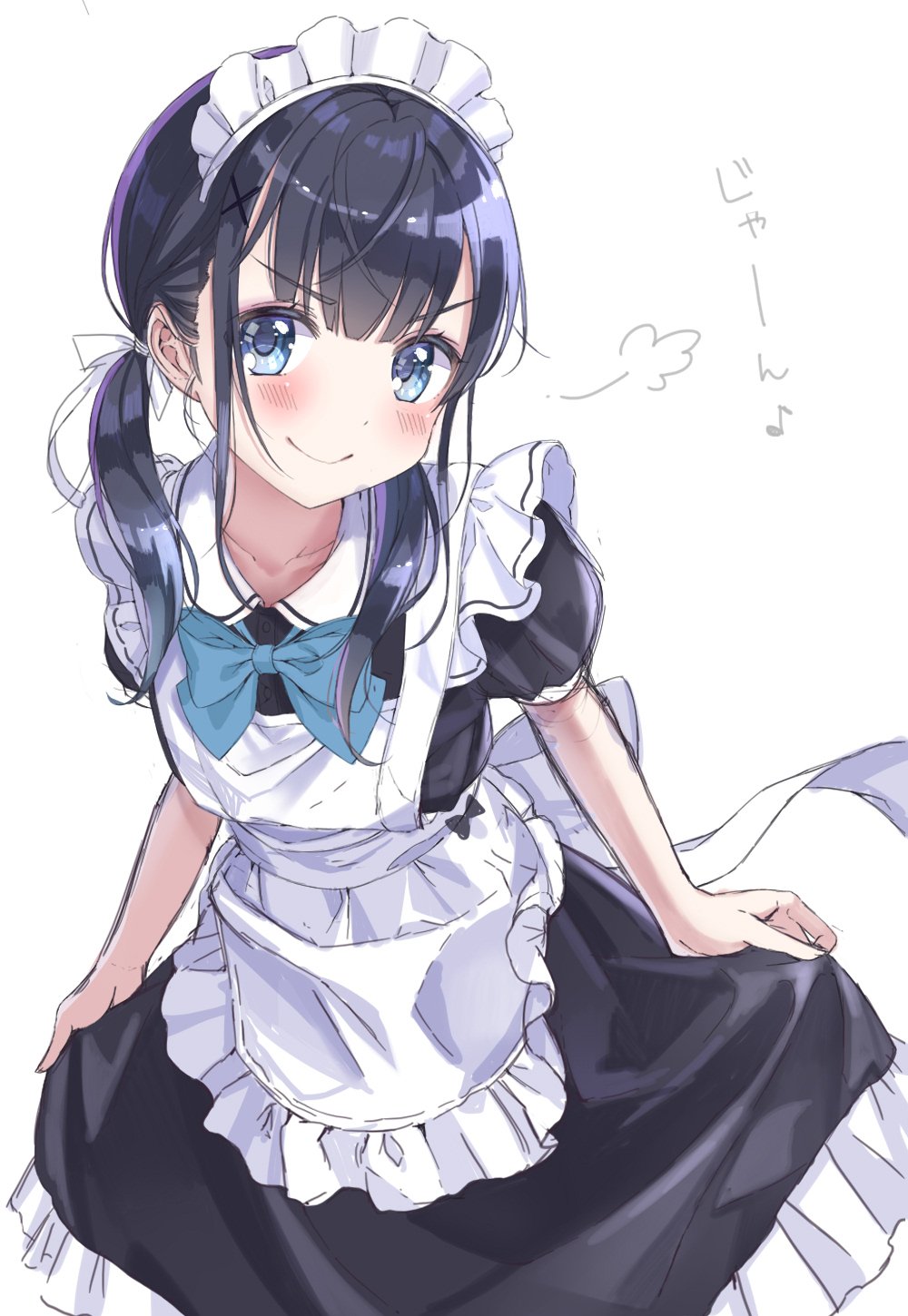 1girl apron black_hair blue_eyes bow copyright_request eyebrows_visible_through_hair highres looking_at_viewer maid maid_apron shiori_(xxxsi) simple_background smile solo twintails white_background