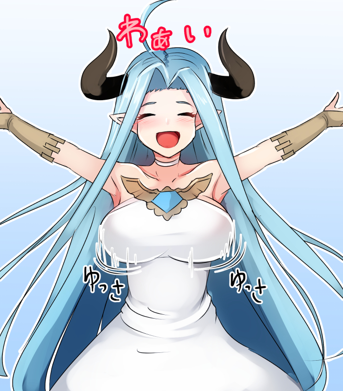1girl ahoge armpits bare_shoulders blue_background blue_hair blush bouncing_breasts breasts bridal_gauntlets choker closed_eyes collarbone commentary_request cowboy_shot draph dress gem gradient gradient_background granblue_fantasy horns jewelry large_breasts long_hair lyria_(granblue_fantasy) motion_lines open_mouth outstretched_arms pointy_ears short_dress simple_background sleeveless sleeveless_dress smile solo strapless strapless_dress tagme tenken_(gotannda) white_dress