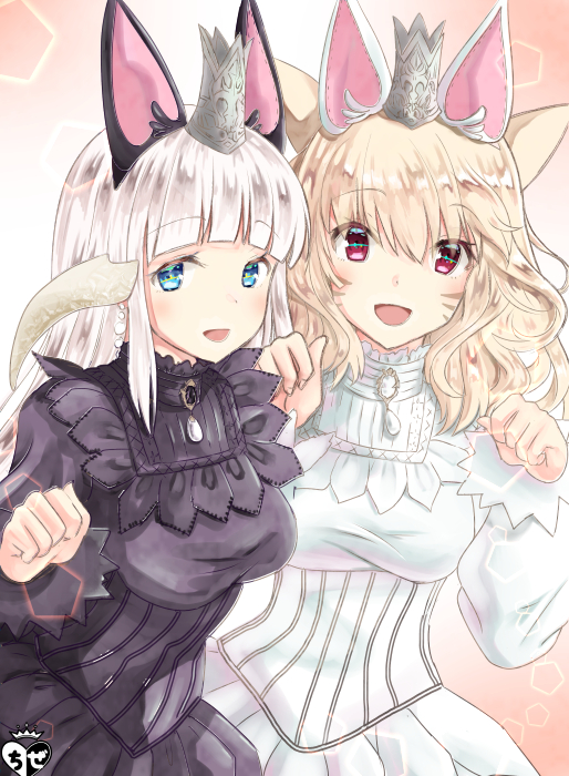 2girls animal_ears bangs black_dress blonde_hair blue_eyes blush breasts character_request chize commentary_request crown dress eyebrows_visible_through_hair facial_mark final_fantasy final_fantasy_xiv fingernails hair_between_eyes hands_up long_hair long_sleeves medium_breasts mini_crown multiple_girls paw_pose puffy_long_sleeves puffy_sleeves silver_hair very_long_hair violet_eyes white_dress
