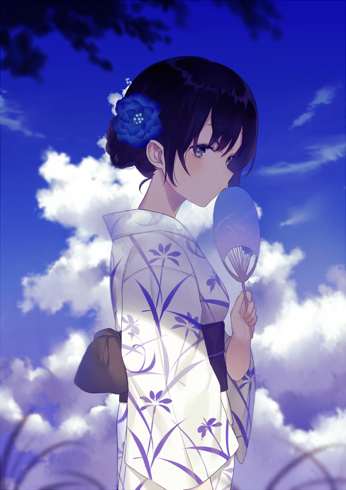 1girl achiki bangs black_hair blue_flower blue_sky blurry blurry_foreground clouds cloudy_sky commentary_request day depth_of_field eyebrows_visible_through_hair fan floral_print flower from_side grey_eyes hair_flower hair_ornament hand_up holding holding_fan japanese_clothes kimono long_sleeves looking_at_viewer looking_to_the_side original outdoors sash shade shiny shiny_hair short_hair sketch_eyebrows sky solo sunlight white_kimono wide_sleeves