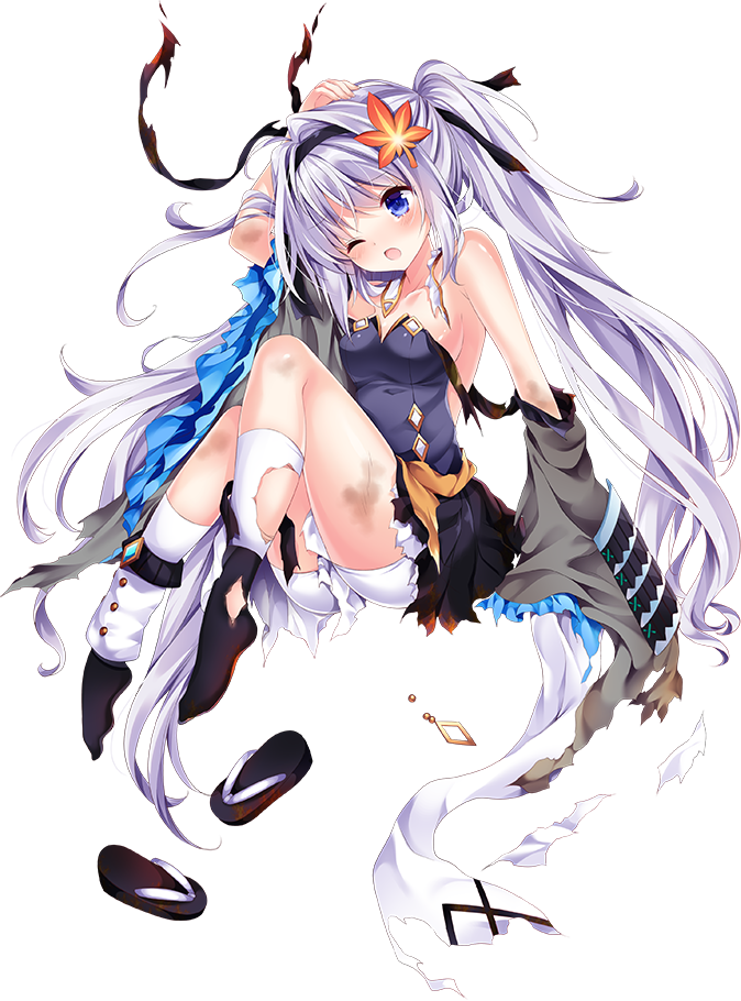 1girl ;o artist_request bare_shoulders black_hairband breasts detached_sleeves full_body gujo_hachiman_(oshiro_project) hair_ornament hairband hand_in_hair leaf_hair_ornament long_hair medium_breasts official_art one_eye_closed oshiro_project oshiro_project_re silver_hair solo torn_clothes torn_kneehighs transparent_background twintails very_long_hair