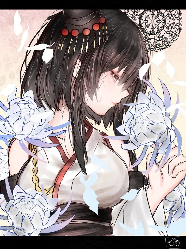 1girl black_hair close-up detached_sleeves flower hair_ornament holding holding_flower kantai_collection nontraditional_miko nora_(salatto) red_eyes short_hair signature solo wide_sleeves yamashiro_(kantai_collection)