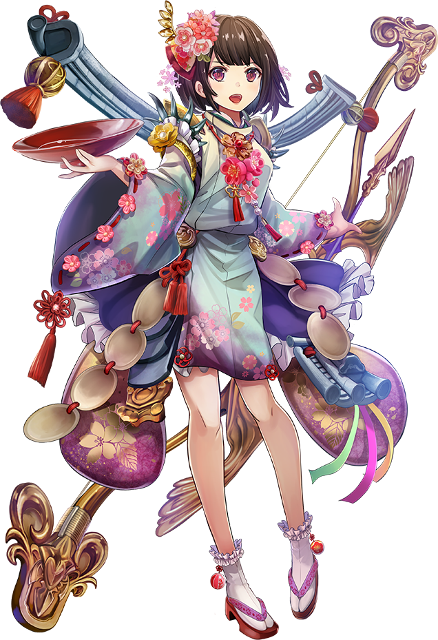 1girl :d artist_request black_hair bow_(weapon) cup flower full_body hair_flower hair_ornament holding holding_bow_(weapon) holding_sakazuki holding_weapon japanese_clothes open_mouth oshiro_project oshiro_project_re sakazuki short_hair smile solo transparent_background violet_eyes weapon yanaginogosho_(oshiro_project)