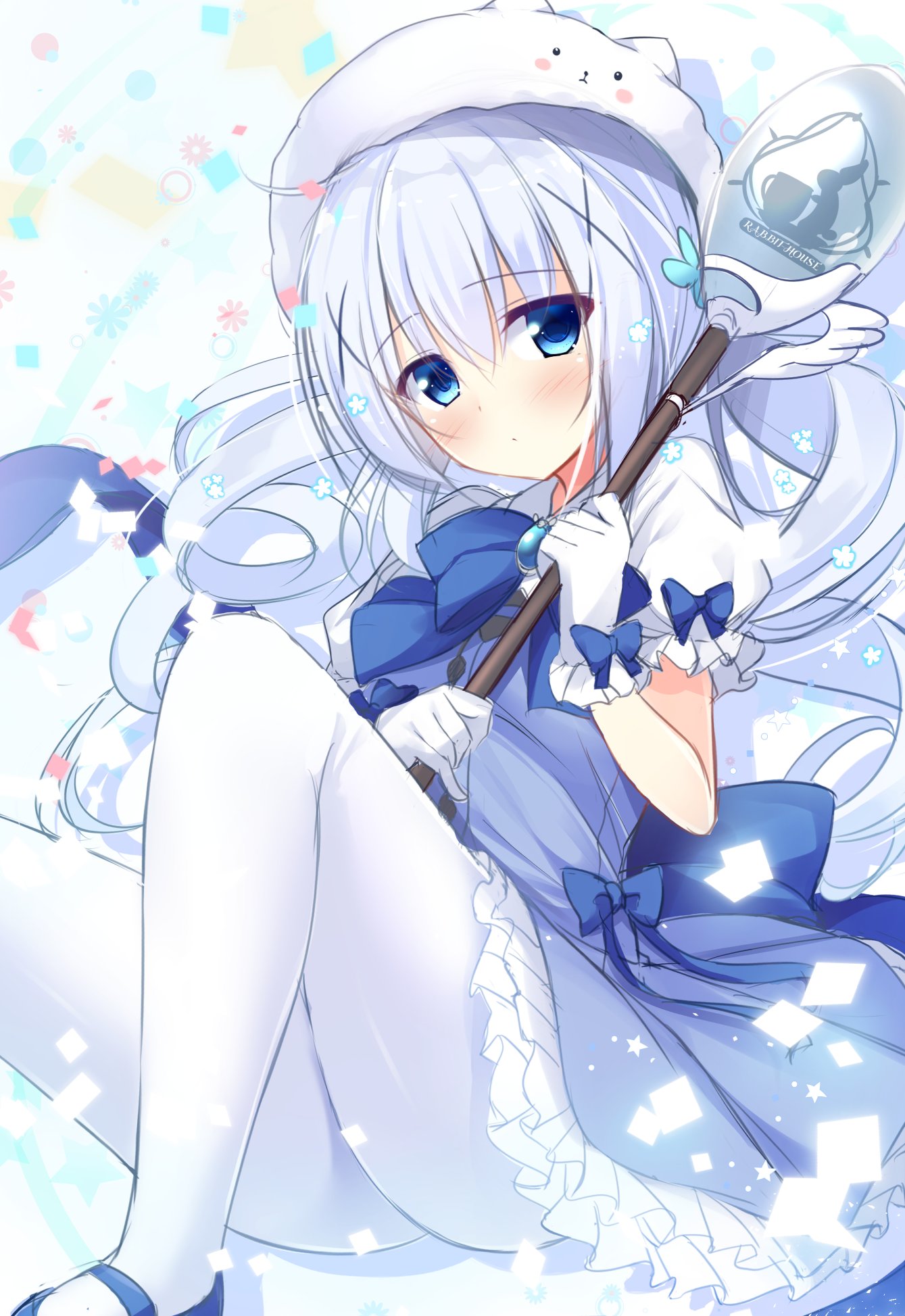 1girl animal animal_on_head bangs blue_bow blue_dress blue_eyes blush bow bunny_on_head dress eyebrows_visible_through_hair floating_hair frilled_dress frills gochuumon_wa_usagi_desu_ka? hair_between_eyes hair_ornament highres holding holding_spoon kafuu_chino long_hair on_head pantyhose rabbit short_dress short_sleeves silver_hair solo spoon tippy_(gochiusa) tomoo_(tomo) twintails white_legwear