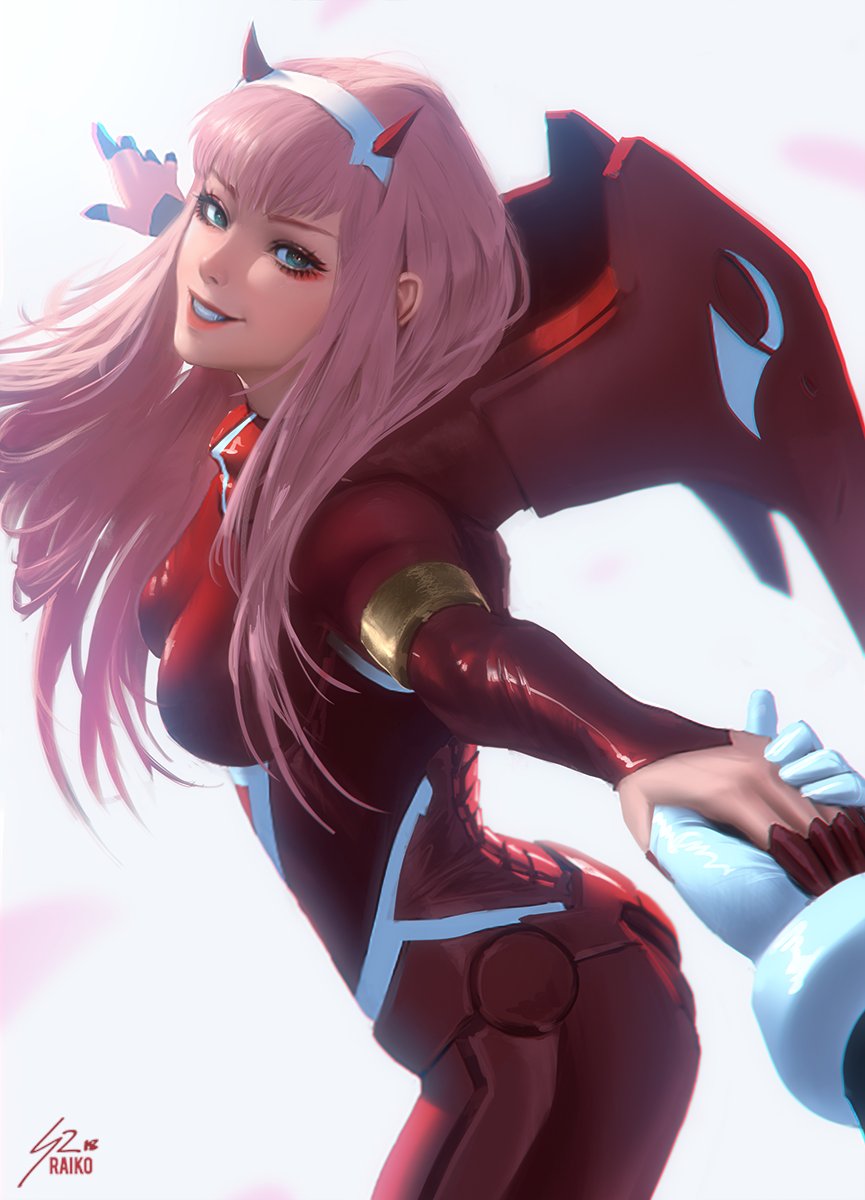 1girl aqua_eyes bodysuit breasts darling_in_the_franxx eyeshadow green_eyes hairband hand_holding happy highres holding_hand horns makeup medium_breasts oni_horns out_of_frame outstretched_arms outstretched_hand pilot_suit pink_hair raikoart red_bodysuit red_horns shiny shiny_hair smile straight_hair white_hairband zero_two_(darling_in_the_franxx)