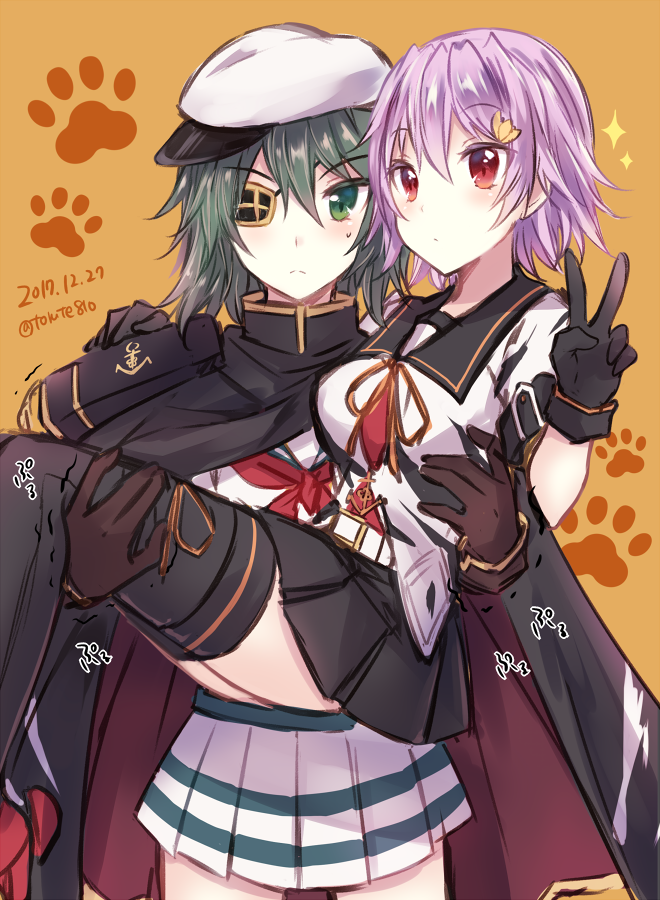 2girls black_cape black_gloves black_legwear black_sailor_collar black_skirt blue_hair cape carrying cowboy_shot dated eyepatch feet_out_of_frame gloves green_eyes green_hair hat kabocha_torute kantai_collection kiso_(kantai_collection) looking_at_viewer multiple_girls neckerchief orange_background pauldrons paw_print pleated_skirt princess_carry purple_hair red_eyes red_neckwear remodel_(kantai_collection) sailor_collar sailor_hat school_uniform serafuku short_hair short_sleeves skirt sparkle standing striped striped_skirt tama_(kantai_collection) thigh-highs twitter_username v white_skirt