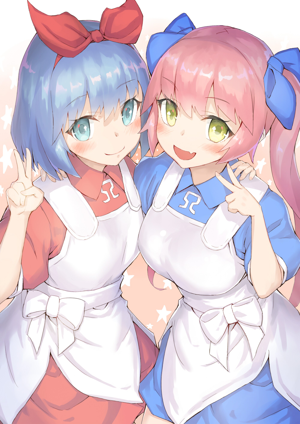 2girls :d apron bangs blue_bow blue_dress blue_eyes blue_hair blush bow breasts closed_mouth collared_dress commentary_request copyright_request dress eyebrows_visible_through_hair fang fingernails green_eyes hair_between_eyes hair_bow hair_ribbon hand_on_another's_shoulder highres jonsun long_hair maid_apron medium_breasts multiple_girls open_mouth pink_hair puffy_short_sleeves puffy_sleeves red_dress red_ribbon ribbon short_hair short_sleeves smile twintails v very_long_hair virtual_youtuber white_apron