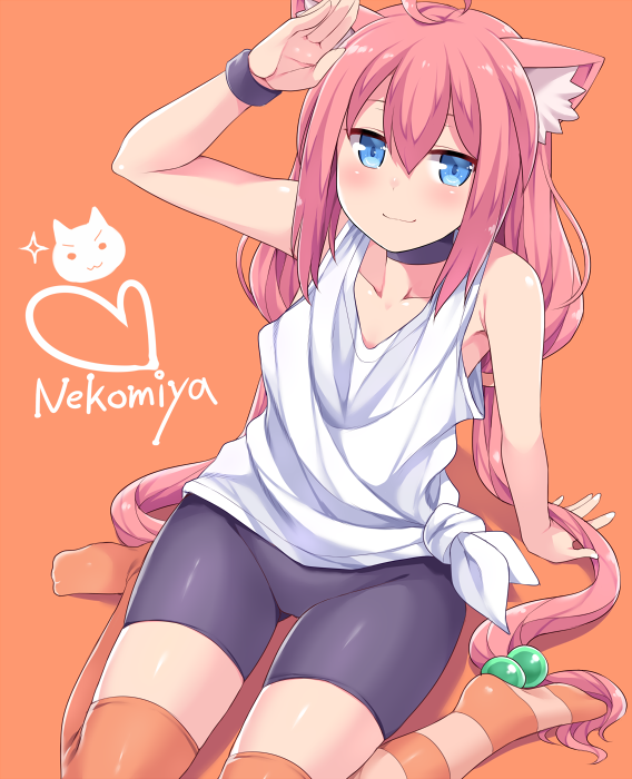 1girl ahoge animal_ears bare_shoulders bike_shorts black_choker blue_eyes cat_ears character_name choker collarbone commentary_request hair_between_eyes hair_bobbles hair_ornament hasu_(hk_works) hinata_channel long_hair looking_at_viewer mismatched_legwear nekomiya_hinata no_shoes orange_background orange_legwear pink_hair salute shirt simple_background sitting smile solo striped striped_legwear tank_top thigh-highs tied_shirt very_long_hair wariza white_tank_top