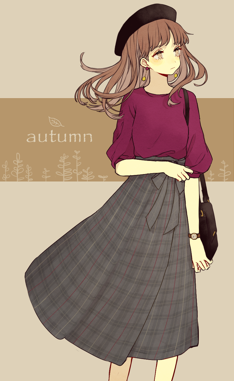 1girl akakura analog_clock arm_across_waist arm_at_side autumn bag black_hair black_hat brown_background brown_eyes brown_hair clock earrings grey_skirt hanging_earrings hat high-waist_skirt highres jewelry leaf long_hair long_skirt original plaid plaid_skirt purple_shirt shirt shoulder_bag skirt solo standing watch watch