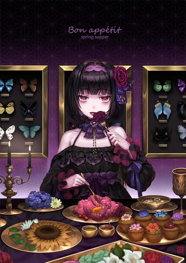 1girl alcohol artist_logo bangs bare_shoulders black_dress black_hair blue_flower blunt_bangs blurry bob_cut bow bowtie box_(hotpppink) bug butterfly candelabra candle collarbone commentary cupcake depth_of_field dress eating english_commentary eyebrows_visible_through_hair flower food fork gem glint goblet gothic_lolita green_flower hair_flower hair_ornament hair_ribbon hairband holding holding_fork holding_knife indoors insect knife leaf lolita_fashion long_sleeves looking_at_viewer off-shoulder_dress off_shoulder open_mouth original pink_eyes pink_flower pink_hairband pink_skin plate purple_flower purple_neckwear purple_ribbon red_flower ribbon sauce short_hair solo soup sunflower table taxidermy white_flower wine yellow_flower