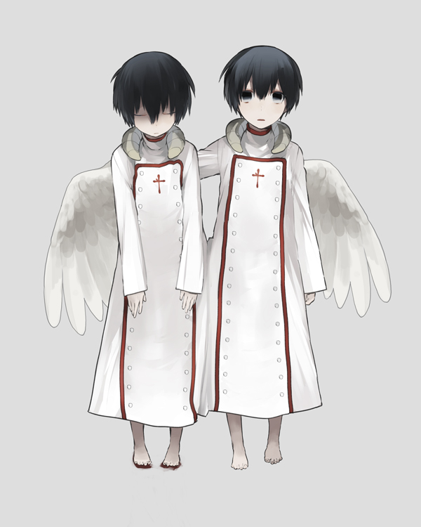 2boys akio_(89e) angel_wings barefoot baroque black_eyes black_hair closed_eyes copyright_request feathered_wings full_body grey_background looking_at_viewer multiple_boys robe short_hair siblings single_wing twins white_wings wings