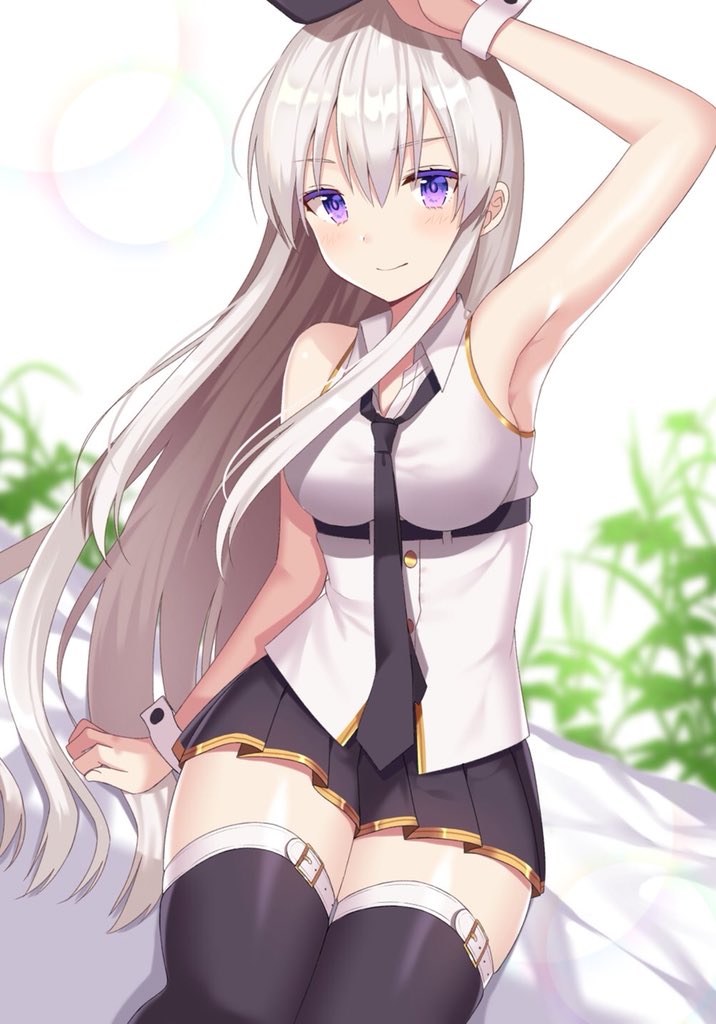 1girl arm_up armpits azur_lane bad_id bad_twitter_id bare_shoulders black_neckwear blurry blurry_background blush breasts buckle buttons collared_shirt enterprise_(azur_lane) eyebrows_visible_through_hair izumo_neru large_breasts long_hair looking_at_viewer miniskirt necktie shirt silver_hair sitting skindentation skirt sleeveless sleeveless_shirt smile solo thigh-highs thigh_strap thighs very_long_hair violet_eyes