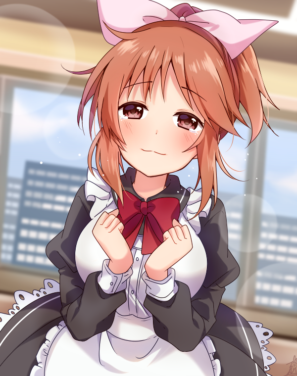 1girl abe_nana apron bangs black_dress blue_sky blurry blurry_background blush bow bowtie brown_eyes brown_hair closed_mouth clouds commentary_request day depth_of_field dress dutch_angle eyebrows_visible_through_hair frilled_apron frills hair_ribbon idolmaster idolmaster_cinderella_girls idolmaster_cinderella_girls_starlight_stage indoors juliet_sleeves long_hair long_sleeves looking_at_viewer maid maid_apron omuretsu pink_ribbon ponytail puffy_sleeves red_neckwear ribbon sidelocks sky solo white_apron